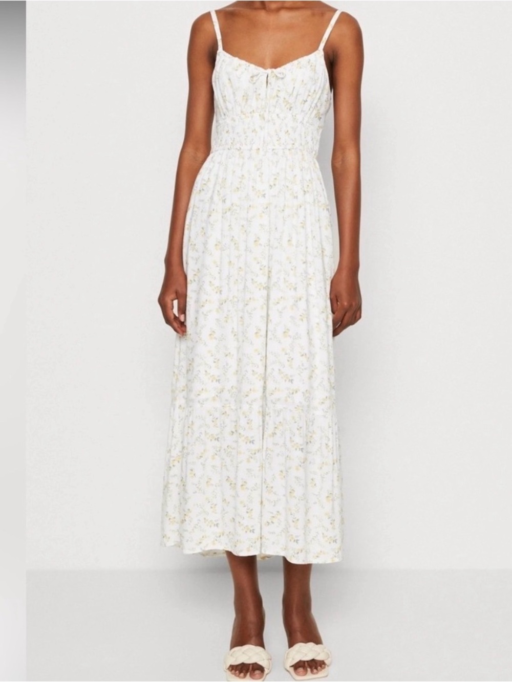 Hollister White Midi Dress with Yellow Floral Print